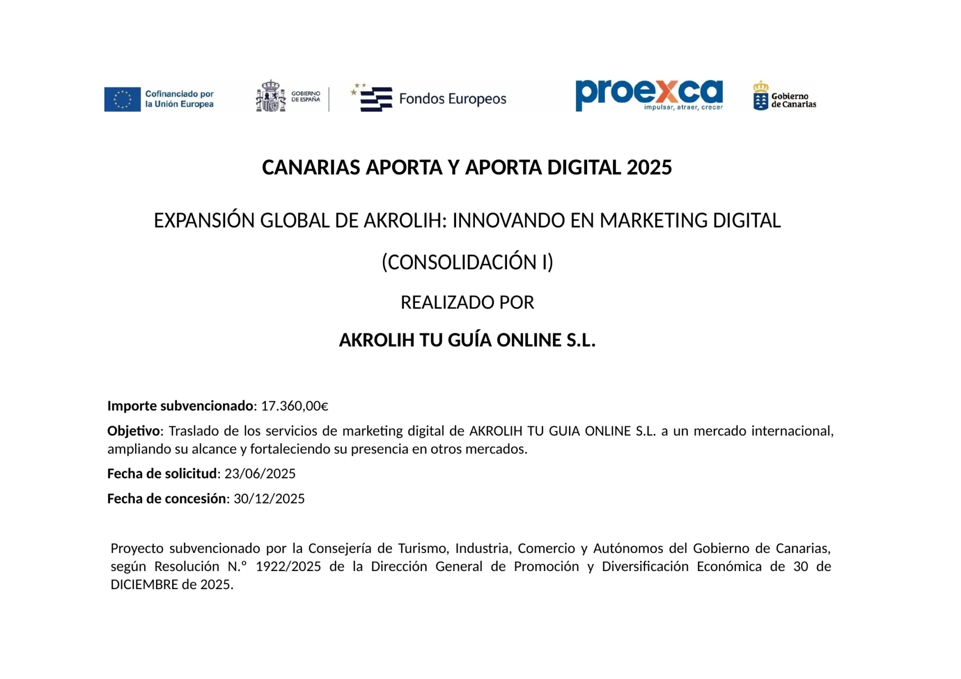 Ficha del proyecto Expansión global de Akrolih (Consolidación I), subvencionado por Canarias Aporta y Aporta Digital 2025